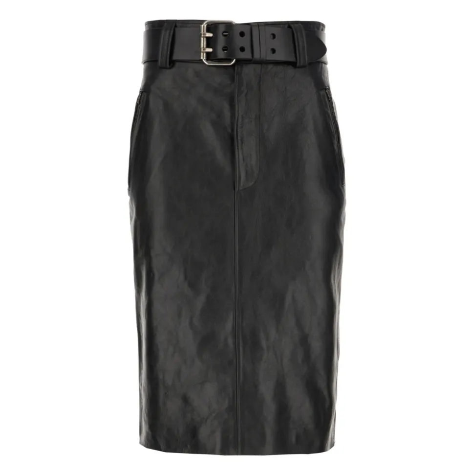 Belted Pencil Rok in Gekreukt Leer