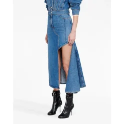 Blauwe Denim Midi Rok met Uitgesneden Details