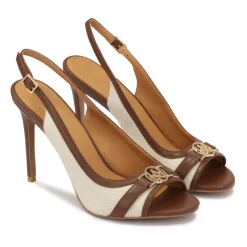 Bruine en beige leren en stoffen sandalen.Dit product valt klein uit.