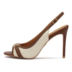 Bruine en beige leren en stoffen sandalen.Dit product valt klein uit.