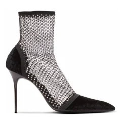 Enkellaarsjes met hak van mesh met fluweel en strass