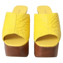 Gele Leren Houten Sleehak Slippers