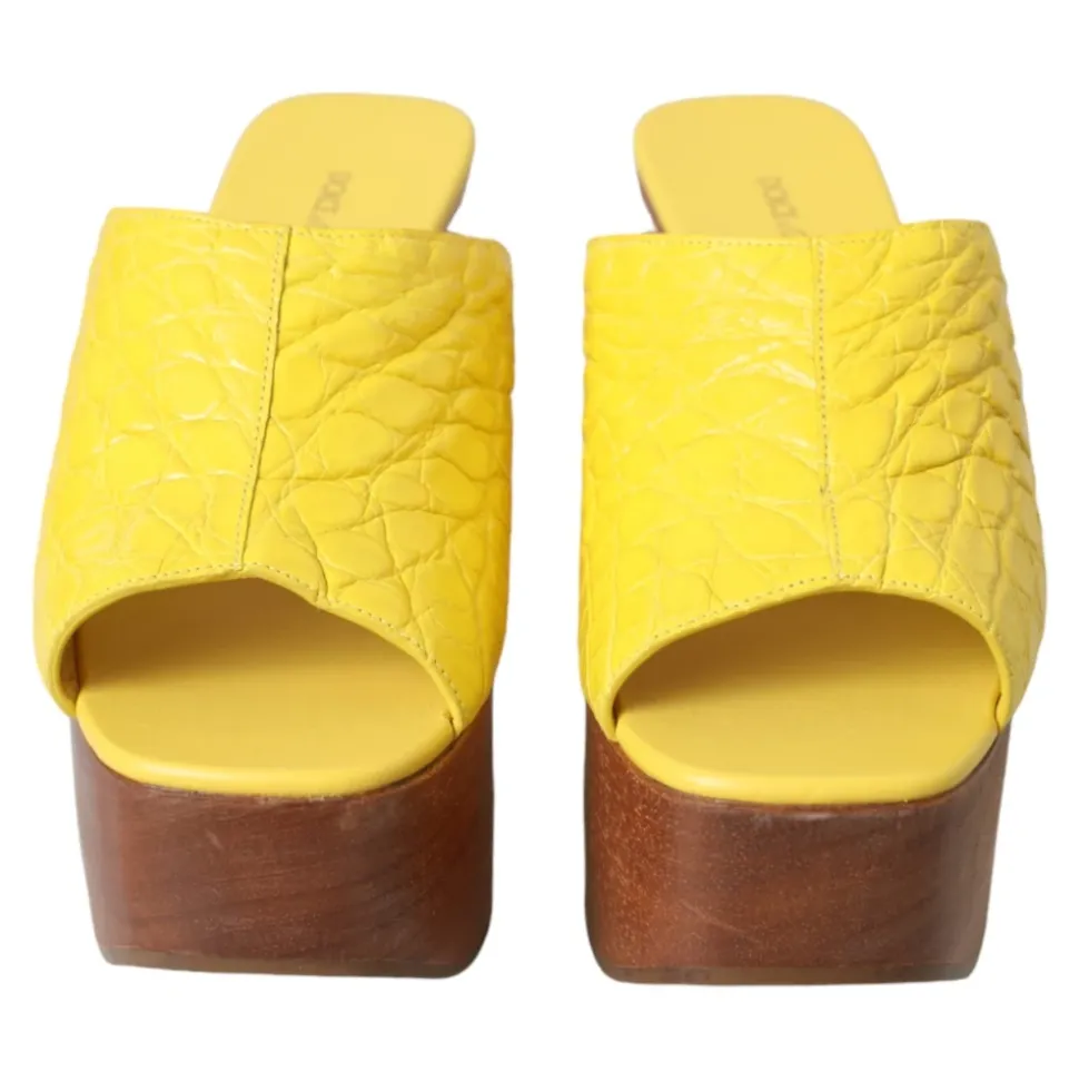 Gele Leren Houten Sleehak Slippers