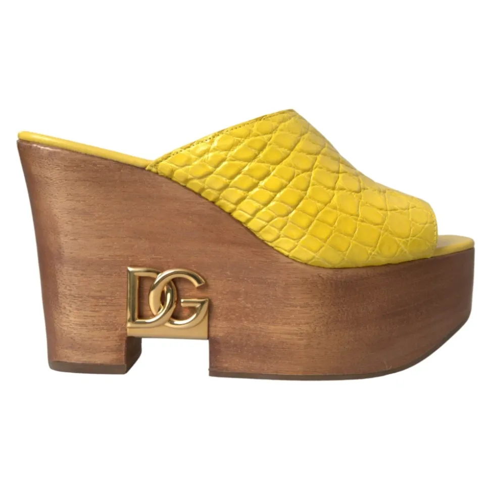 Gele Leren Houten Sleehak Slippers