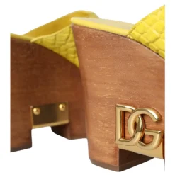 Gele Leren Houten Sleehak Slippers