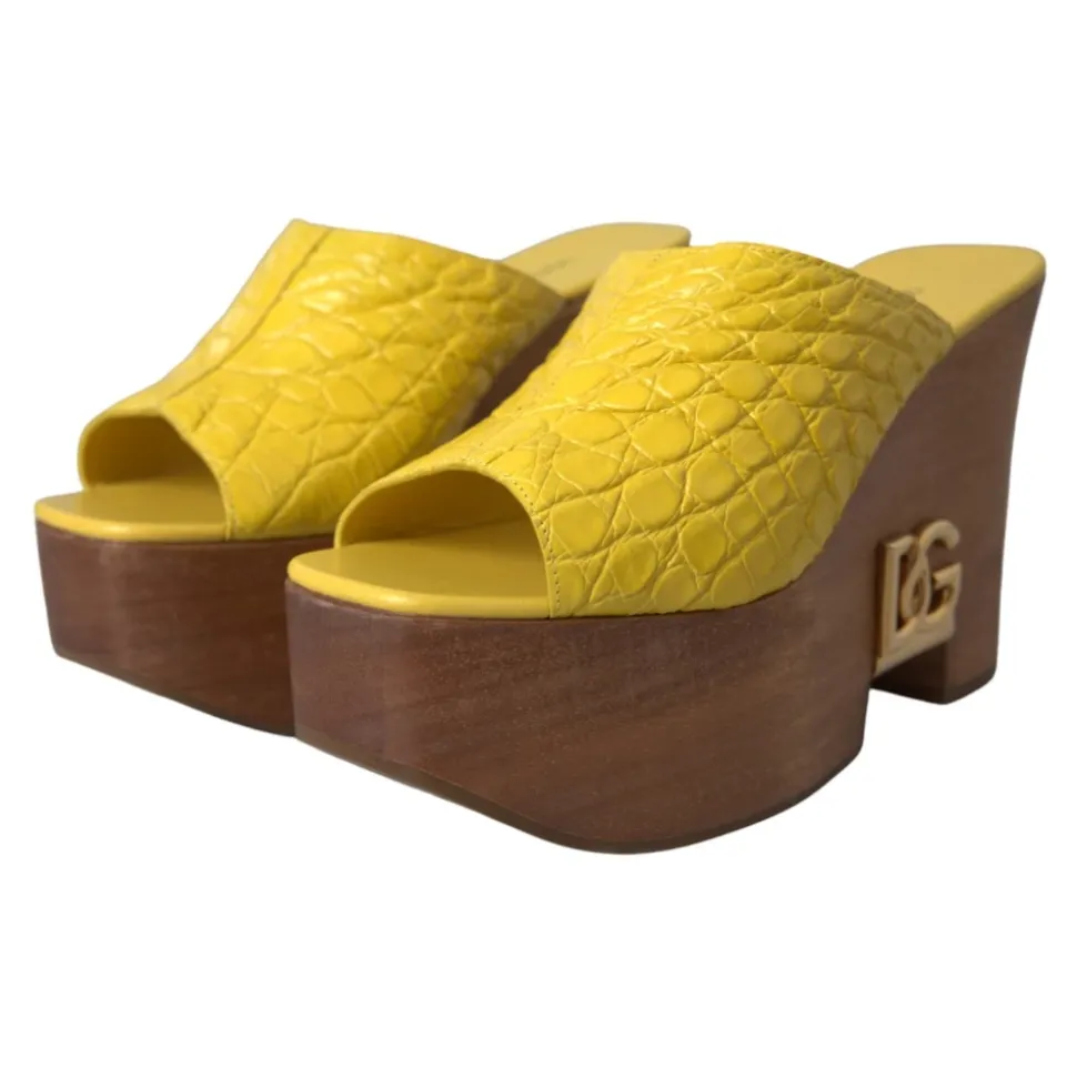 Gele Leren Houten Sleehak Slippers