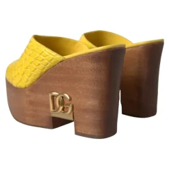 Gele Leren Houten Sleehak Slippers