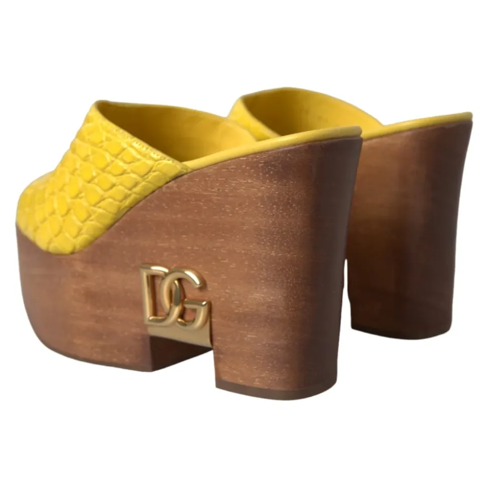 Gele Leren Houten Sleehak Slippers