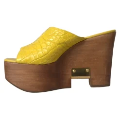 Gele Leren Houten Sleehak Slippers