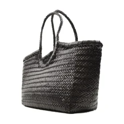Handgeweven Zwarte Leren Tote Tas