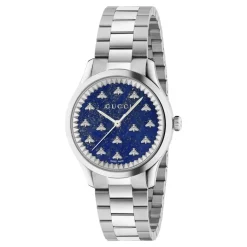 32 mm stalen kast, donkerblauwe lapiz steen wijzerplaat met bijen, stalen armband