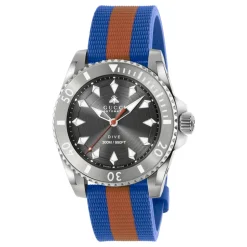 40 mm stalen kast, donkergrijze wijzerplaat met bij, stalen lunet, rubberen band