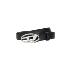 Zwarte leren riem met ovale metalen gesp en strass steentjes