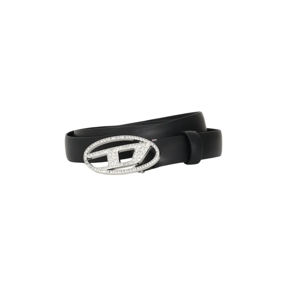 Zwarte leren riem met ovale metalen gesp en strass steentjes