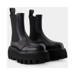 Zwarte Leren Rubberen Laarzen Slip-On