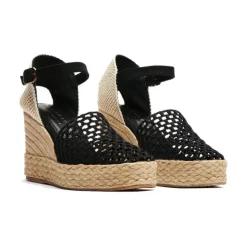 Zwarte stoffen sleehak sandalen met enkelband