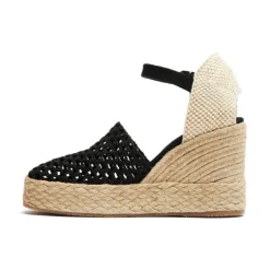 Zwarte stoffen sleehak sandalen met enkelband